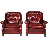 Pair of Red Leather Bordeaux Club Chair's with Tufted Back