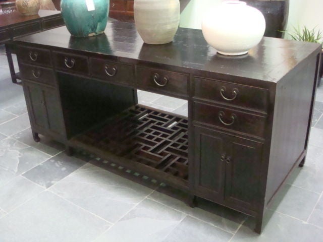 Chinese Lacquered Chines Partner's Desk with Lattice Shelf