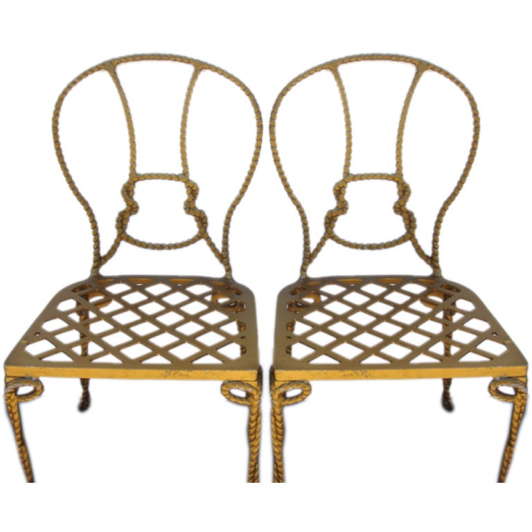 Pair of Faux Rope Metal Chair with Cross Hatch Seat For Sale