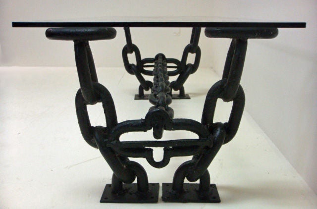 French Vintage Iron Chain Link Coffee Table with Glass Top