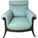 Antique Blue Linen French Scroll Arm Club Chair