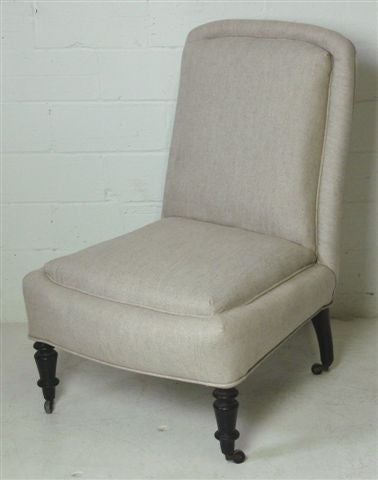 Pair of Chaffuesses on Casters<br />
French, Circa 1870<br />
Recently Reupholstered in Oatmeal Linen <br />
Seat Height: 13