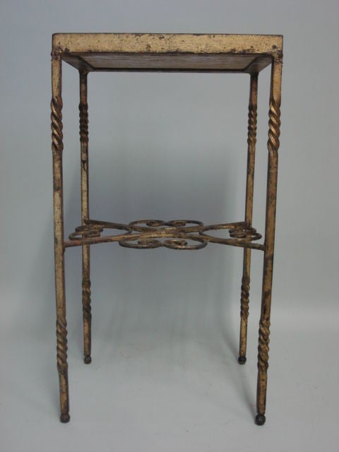 Travertine Marble Top Side Table with Metal Scroll Base