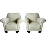 Pair of French Sweetheart Back Linen Chairs with Curved Feet