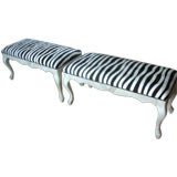 Pair of Carved Wood Benches with Faux Zebra Upholstery