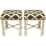 Ivory Lacquered Vintage Benches with Brown & White Fabric
