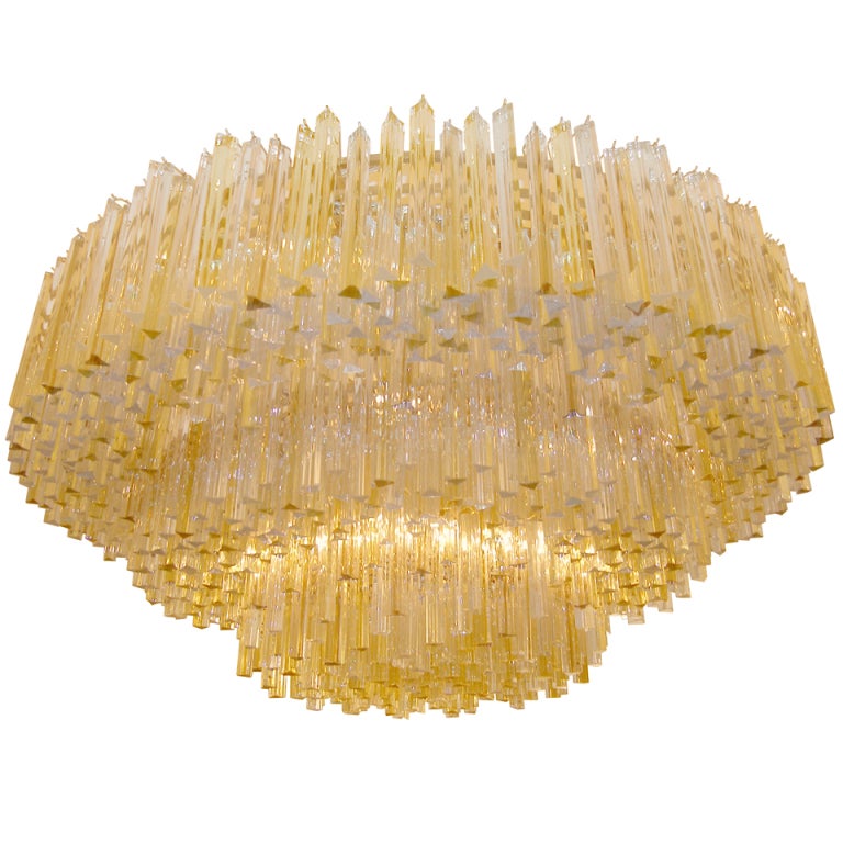 Three-Tiered Amber and Clear Glass Chandelier For Sale