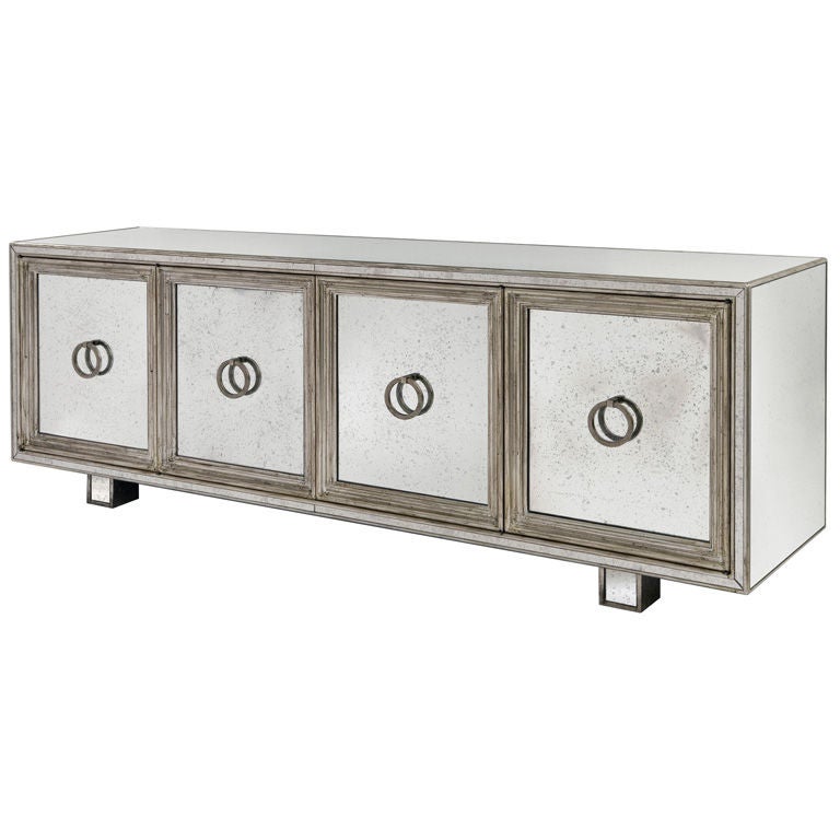 Four-Door Mirror and Silver Leaf Credenza For Sale
