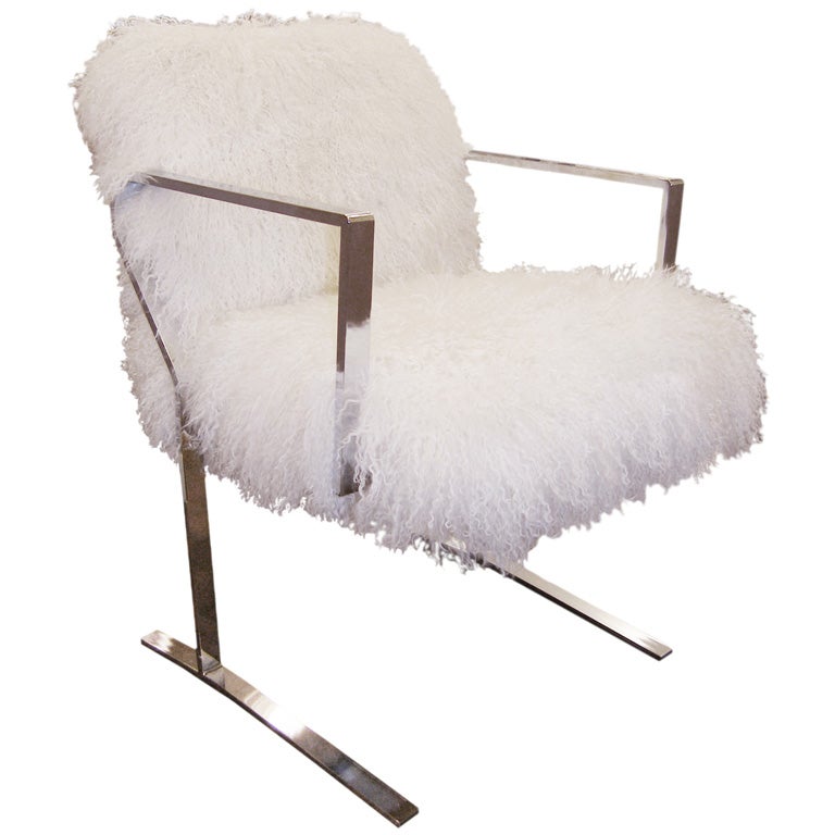 8 Milo Baughman Stainless Steel 
Curly Lamb Dining Chairs