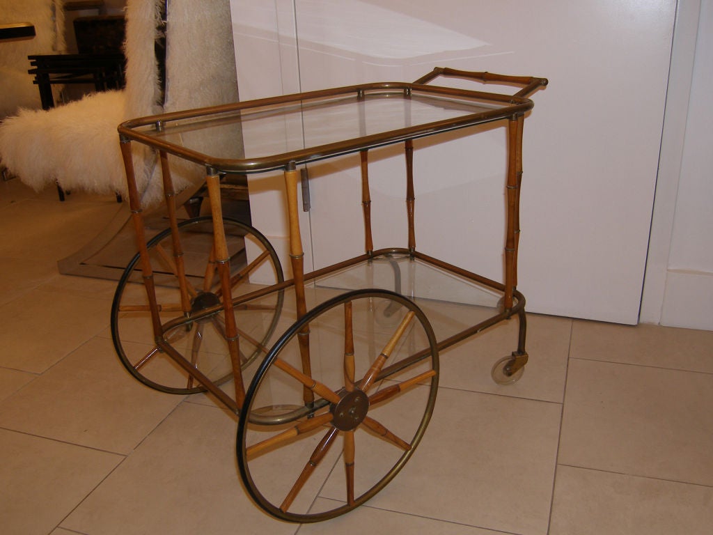 20th Century Italian Walnut and Brass Bamboo Bar Cart For Sale