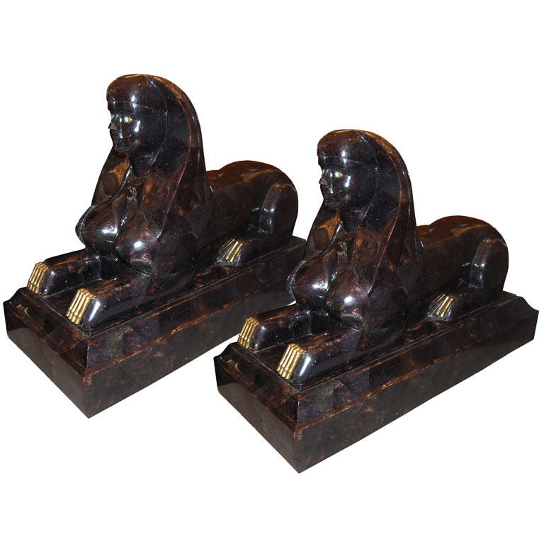 Pair of Large Stone and Bronze Sphinxes For Sale