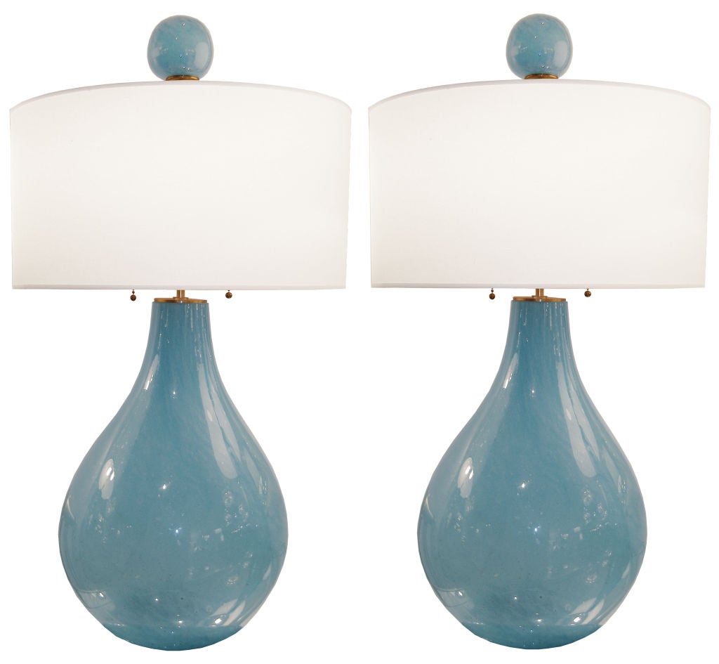 Pair of Vistosi Robins Egg Blue Glass Lamps with Glass Finials