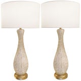 Pair of Barovier Fluted Clear Over White & Gold Speckled Glass