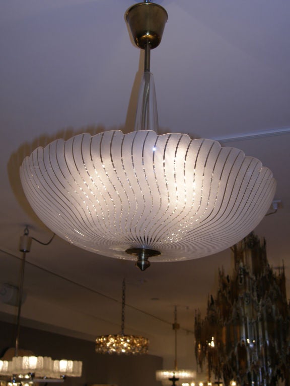 Swedish Orrefors Tiered Glass Chandelier with Wavy Strips & Scallop Edge