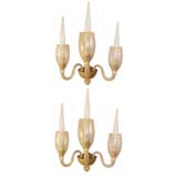 Vintage Pair of Barovier 3 Arm Gold Glass Sconces