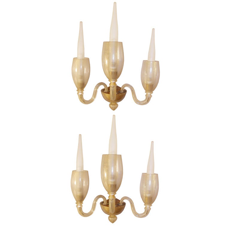 Pair of Barovier 3 Arm Gold Glass Sconces For Sale