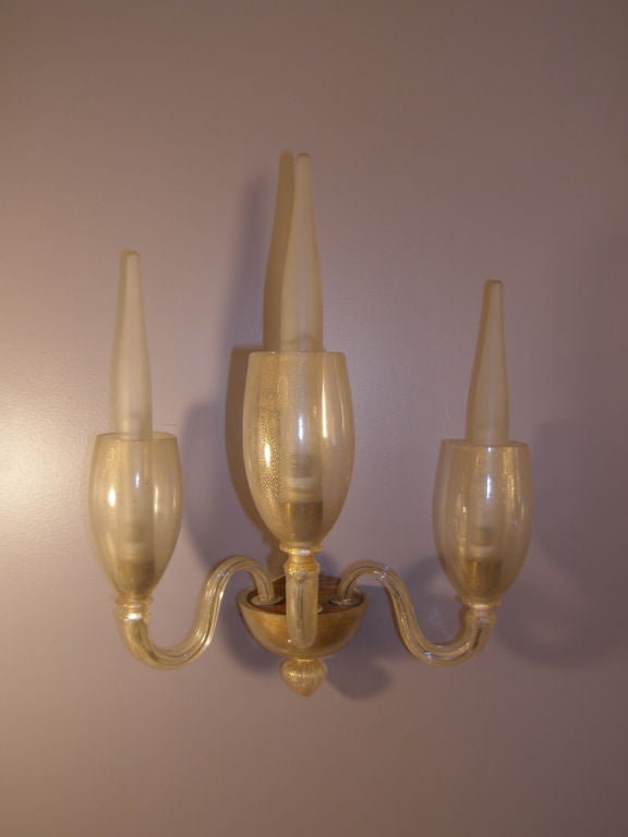 Italian Pair of Barovier 3 Arm Gold Glass Sconces For Sale