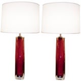 Pair of Nils Landberg for Orrefors Red & Clear Glass Lamps