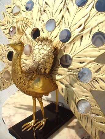 Willy Daro Bronze Peacock Lamp with 18 Round Agate Insets