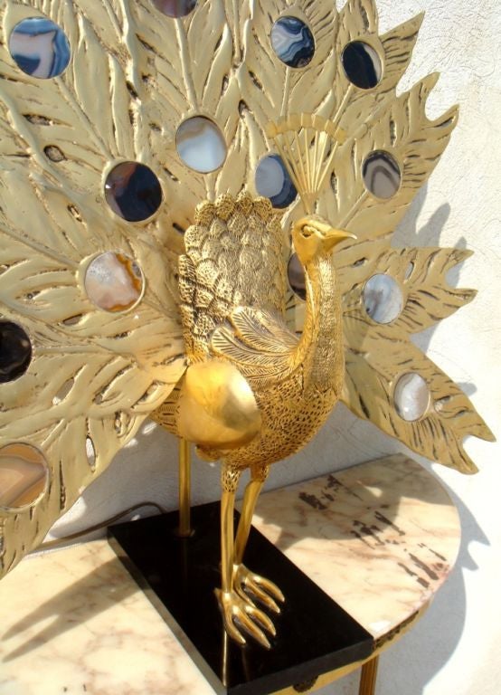 Willy Daro Bronze Peacock Lamp with Round Agate Insets 3