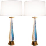 Pair of Barovier Blue 
White Fluted Glass Lamps