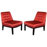 Vintage Pair of Slipper Chairs in Red Silk designed by Edward Wormley