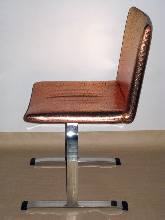 Set of 6 dining chairs in polished steel upholstered in embossed ostrich copper leather by Saporiti, Milan Italy, 1970's