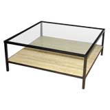 Coffee Table in Bronze with Travertine Shelf and Glass Top
