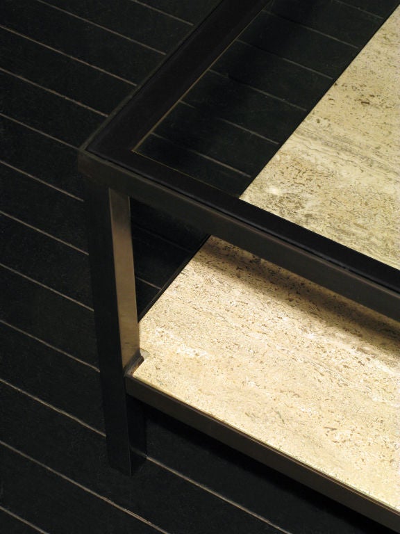 Coffee Table in Bronze with Travertine Shelf and Glass Top