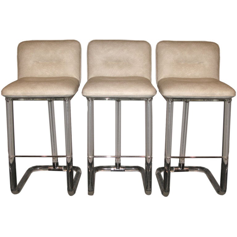 Set of 3 Swiveling Bar Stools in Lucite with Chrome Accents