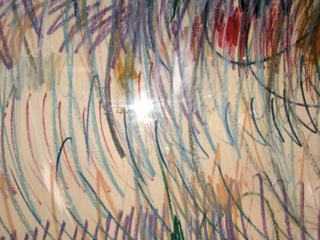 Monumental abstract pastel drawing on museum quality paper encased in acrylic and framed in chrome by George Vihos,  American 1972 (Signed and dated in lower right corner).  <br />
George Vihos’s art “reflects a deep and mystical childhood.”