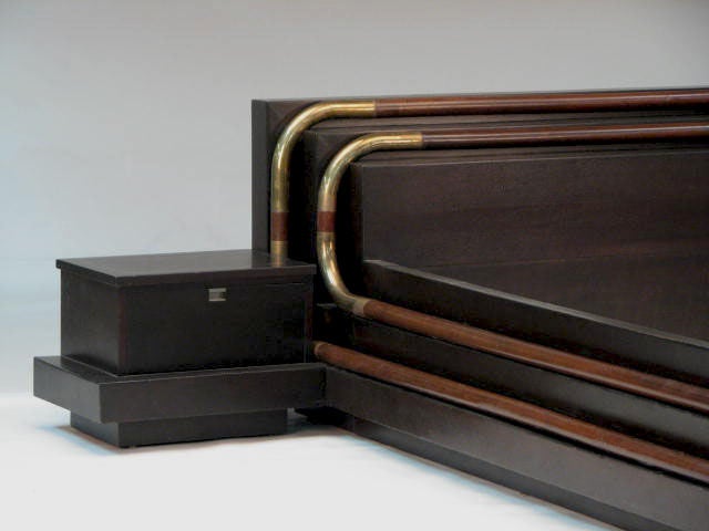 King size platform bed in mahogany with tubular wrap-around decoration by Mastercraft, American 1970's.  The metal is bronze lacquered brass.