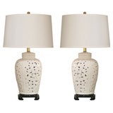 Pair of White Perforated Porcelain Table Lamps with Flower Motif