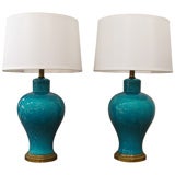 Pair of Turquoise Ceramic Table Lamps with Crackle Glaze Pair of Turquoise Ceramic Table Lamps with Crackle Glaze
