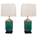 Retro Pair of Large Jade Porcelain and Brass Table Lamps