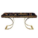 J.M.F. Curved Bench in Brass with Batik Seat by Karl Springer