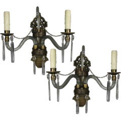 Pair   Large Bronze Crystal Two Arm Sconce