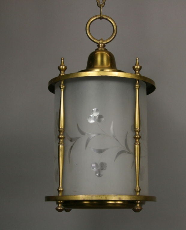 Cylindrical Frosted Wheel Cut-Glass Lantern In Good Condition In Douglas Manor, NY