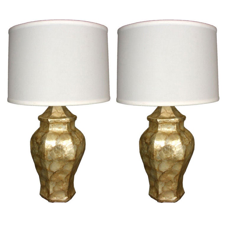 ON SALE Pair Capiz Shell covered  Wood  Lamps