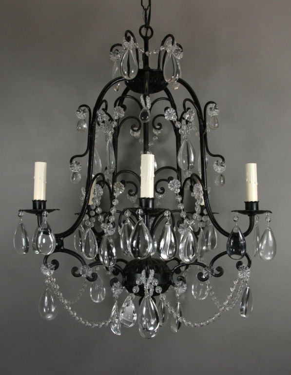 #1-2433  ON SALE  A black- cage shaped-chandelier dressed with bead,rosettes and crystals drops
Supplied with 3 feet chain and canopy
.Regular price $2900 sale price $1675 no additional discounts