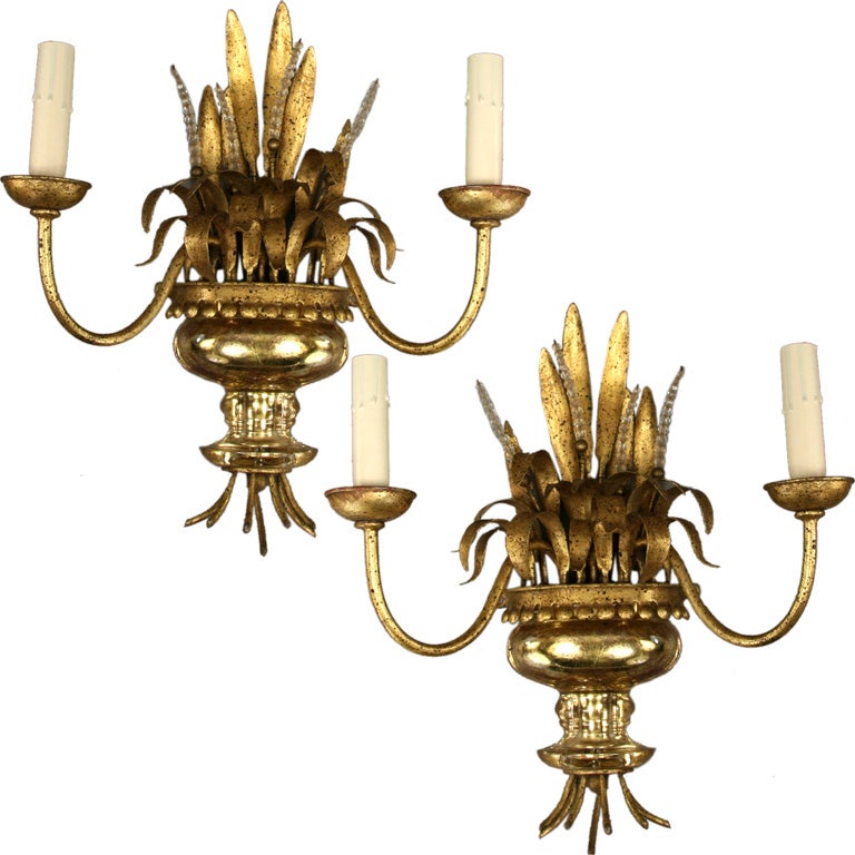 Pair Gilded Crystal Sconce