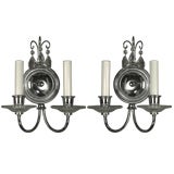 Pair Double Arm Nickel and Crystal Sconces