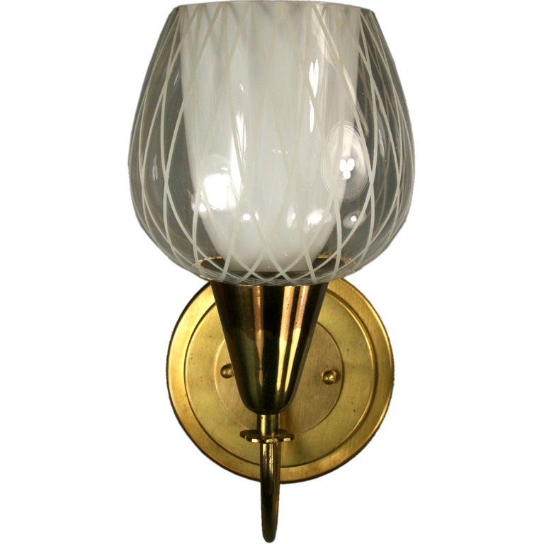 #2-1109 Pair brass sconces with clear and opaline glass shades