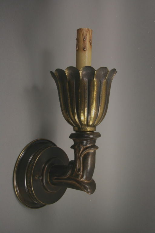 Italian Pair  Hammered   Brass and  Wood  Torchiere  Sconce