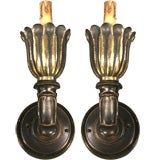 Antique Pair  Hammered   Brass and  Wood  Torchiere  Sconce
