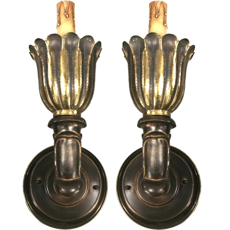 Pair  Hammered   Brass and  Wood  Torchiere  Sconce