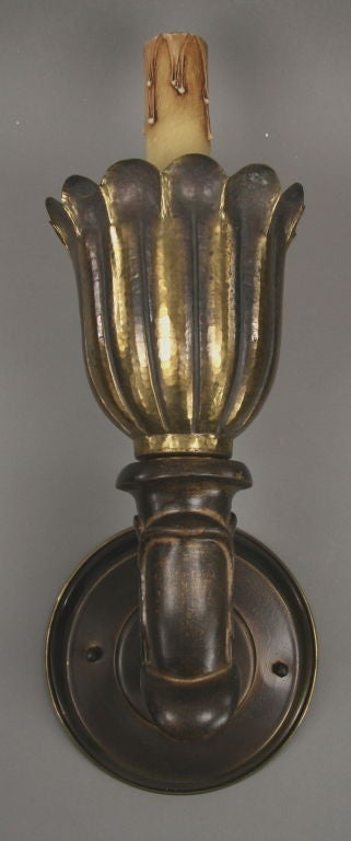 Pair  Hammered   Brass and  Wood  Torchiere  Sconce