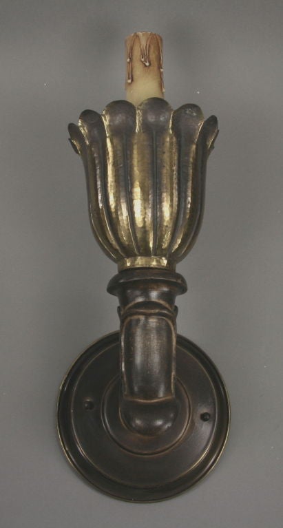 Pair  Hammered   Brass and  Wood  Torchiere  Sconce In Good Condition In Douglas Manor, NY