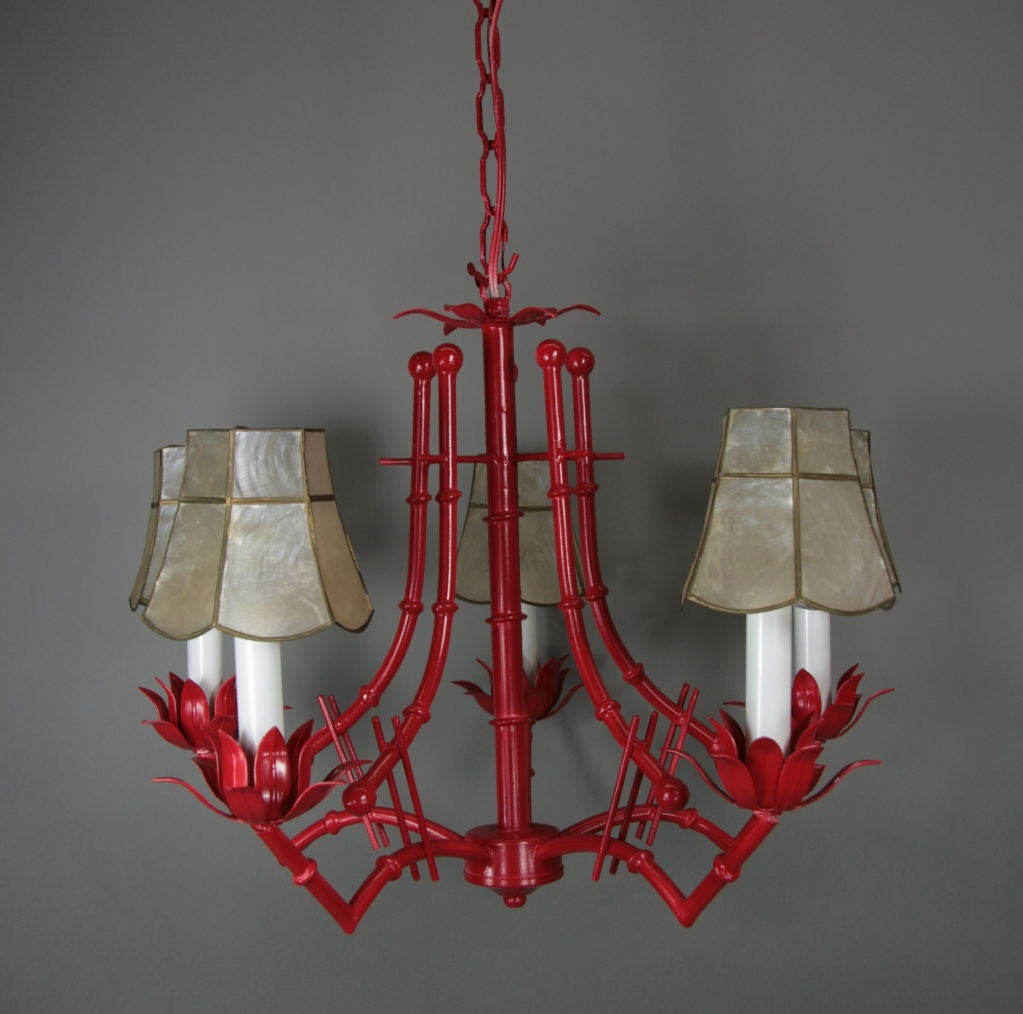 #1-2538  A red tole bamboo five light chandelier having a capiz shell shade.<br />
keyword search sconce pendant chandelier red oriental cieling lighting <br />
ON SALE Regular price $2100 net $1400