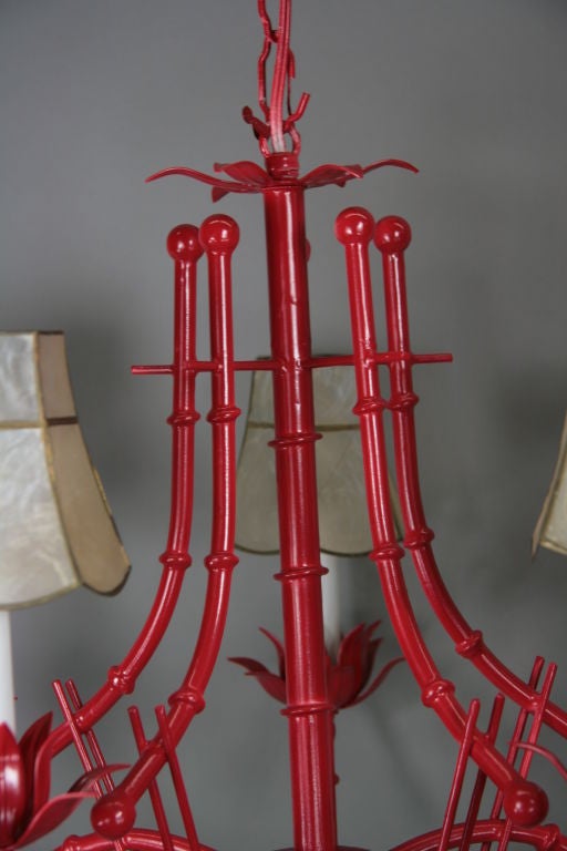 Mid-20th Century Red Bamboo Tole Chandelier